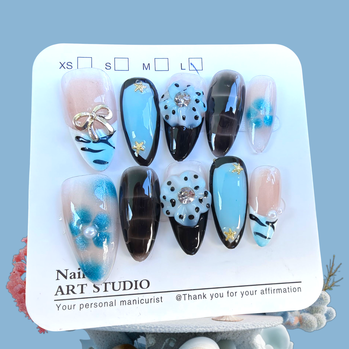 π¨πNEWππ¨ 3D Blue&Black Floral Nails