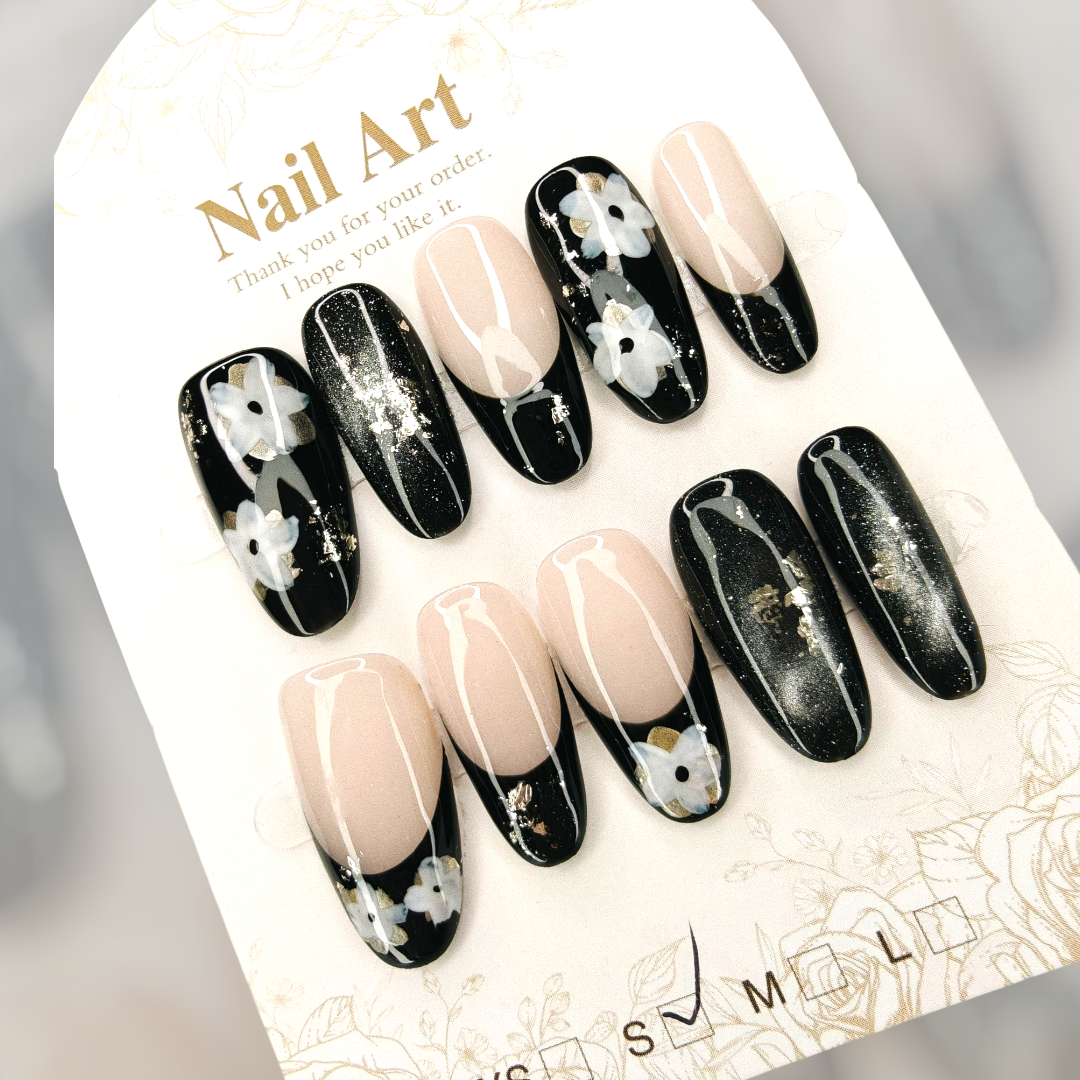 Almond Floral Black Nails