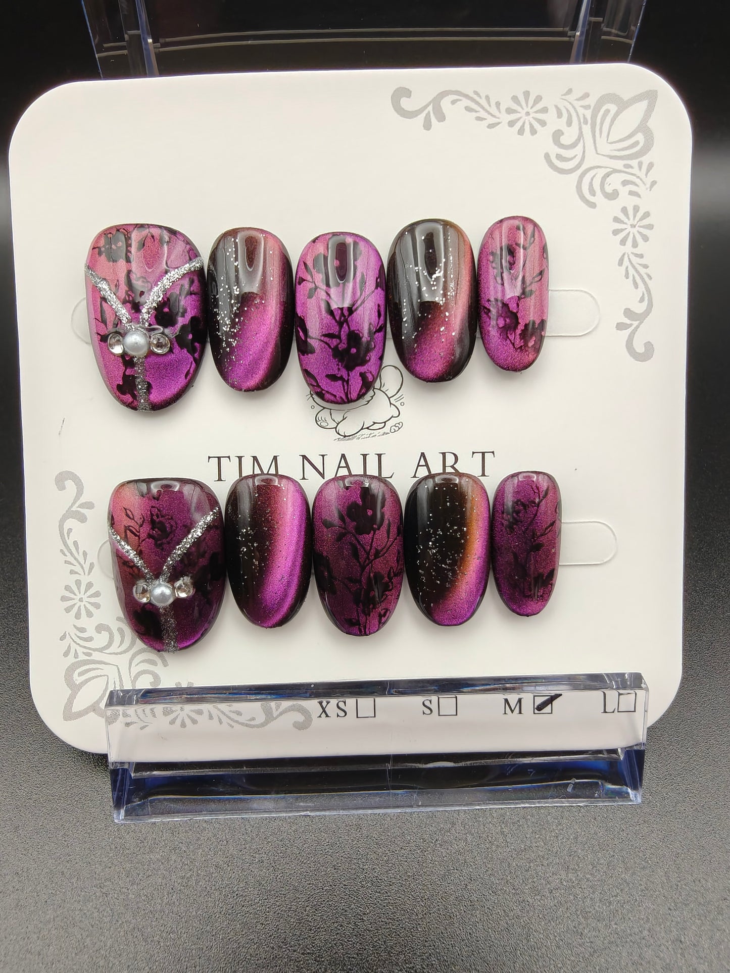 A- Short Purple Floral Nails