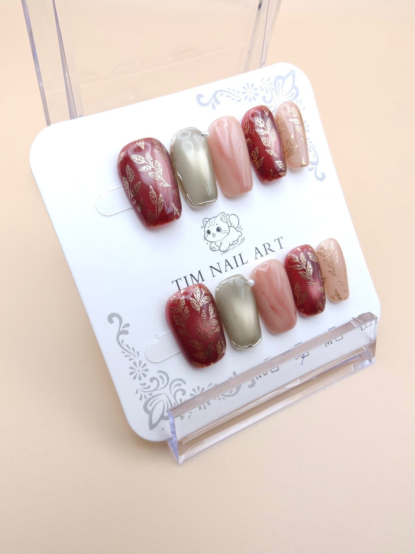 A- burgundy Gold Floral Nails