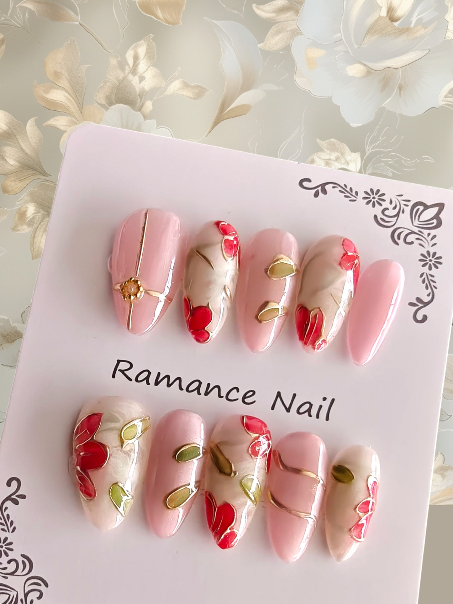Almond Pink Floral 3D Nails