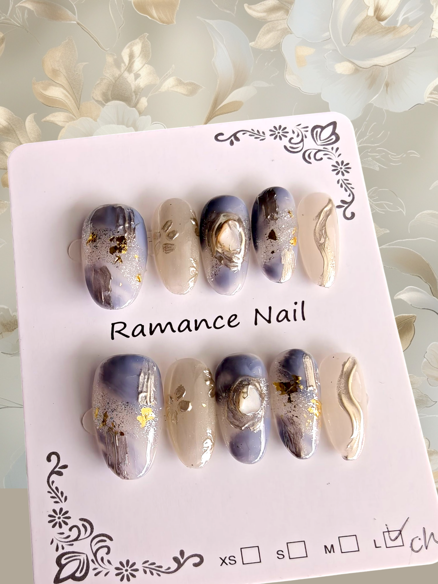 Almond Blue Marble 3D Nails