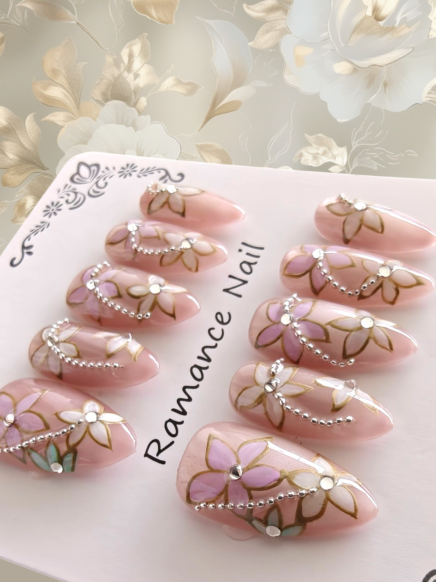 Almond Pink Floral 3D Nails