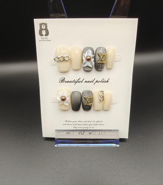 A- White/Gray LV 3D Fancy Nails