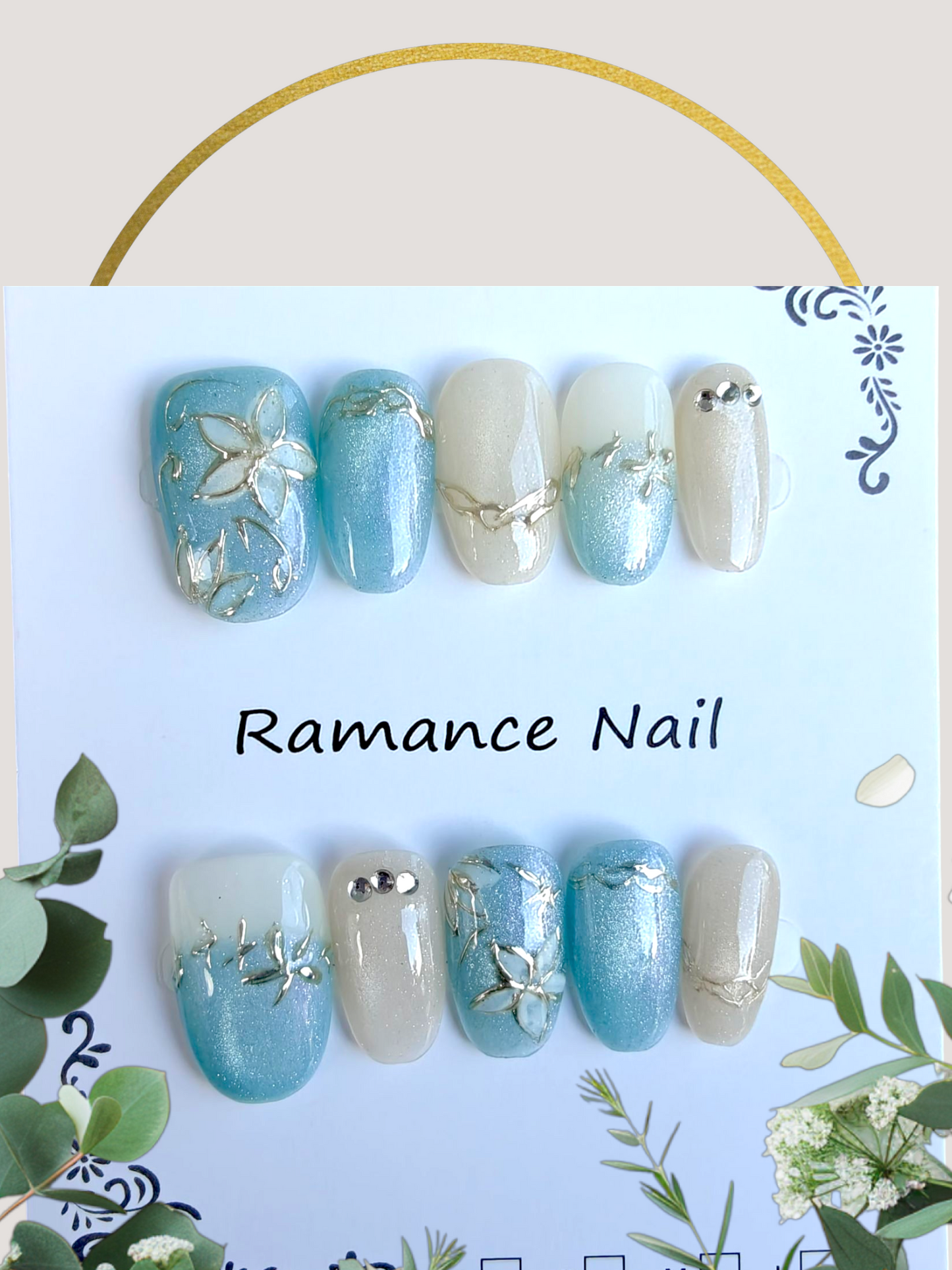 Almond Blue Floral Nails