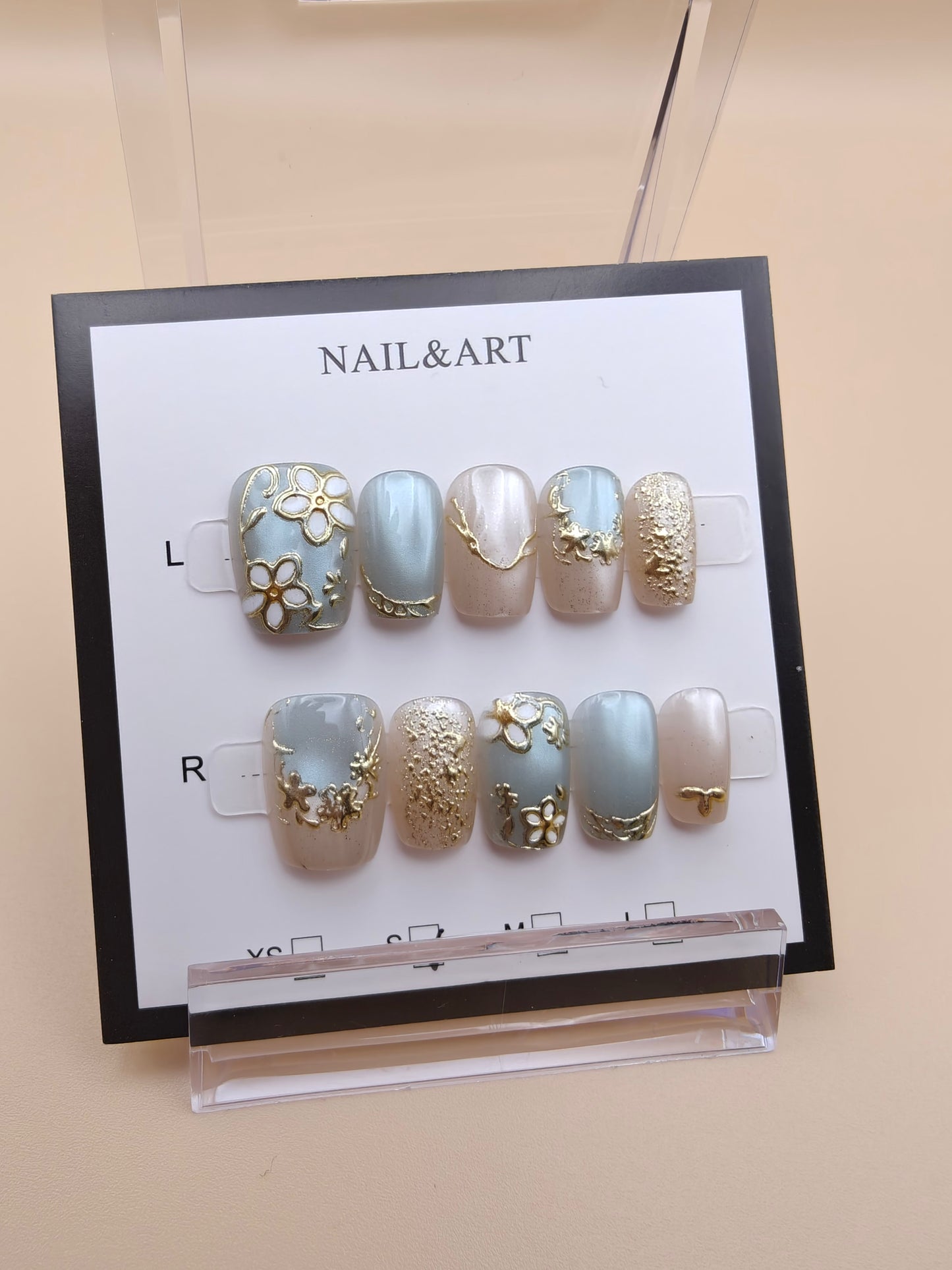 A- Blue/Gold Floral Short Nails