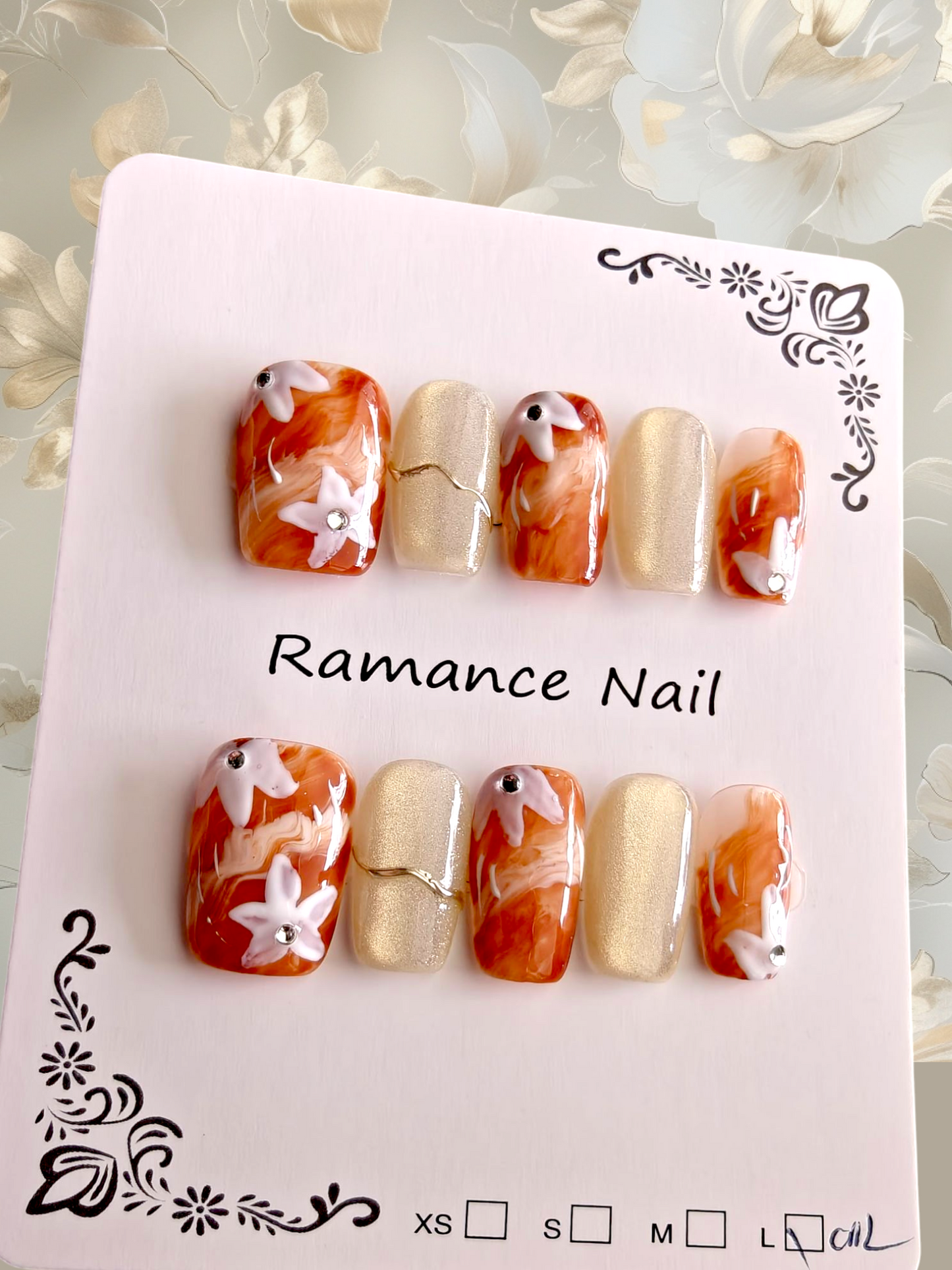 Square Orange Floral Nails