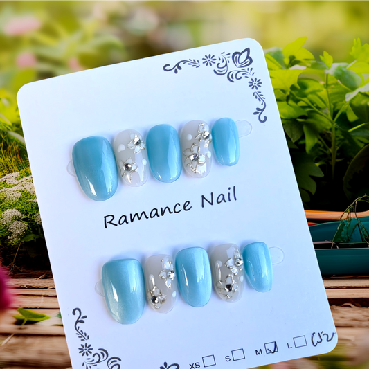 Almond Blue Floral Nails