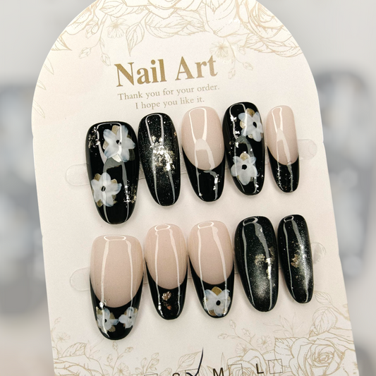 Almond Floral Black Nails