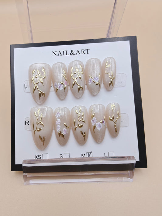 A- Cream Floral Fancy Nails