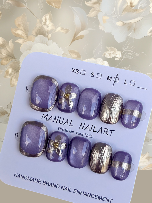 Short Purple/Gold Floral Nails