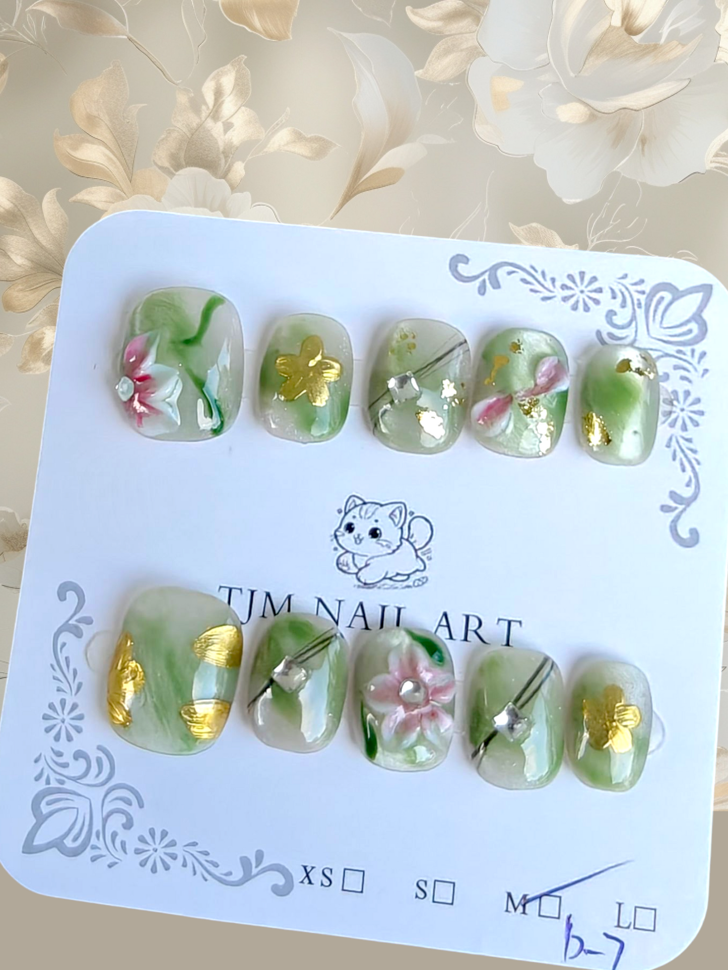 Short Green 3D Floral Nails