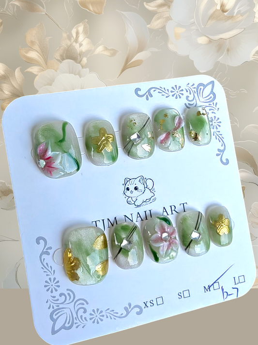 Short Green 3D Floral Nails