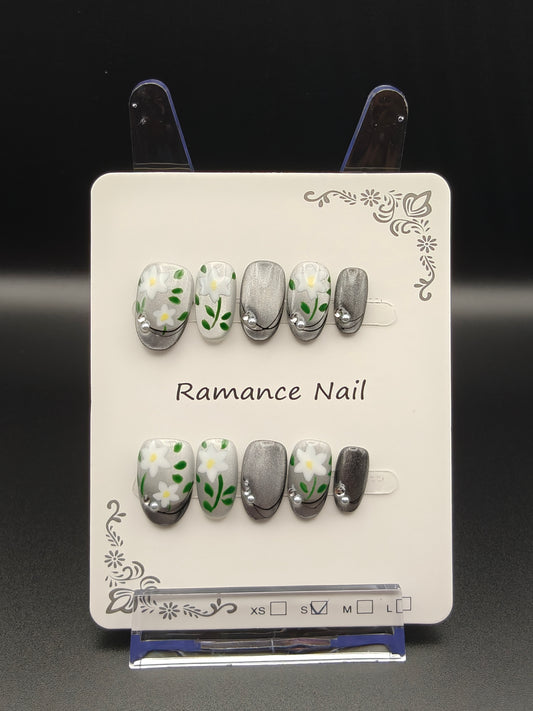 A- Gray Floral Short Nails