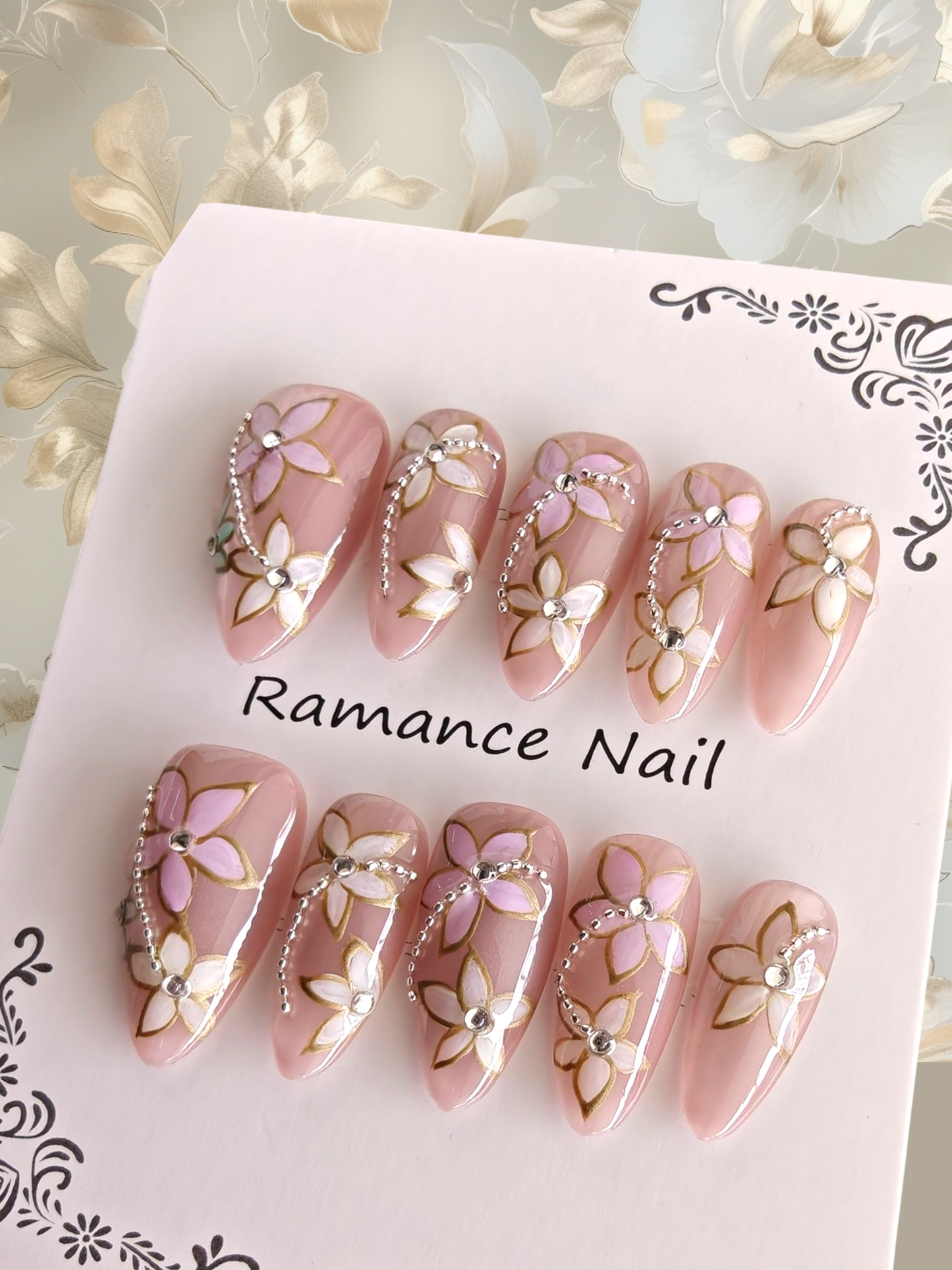 Almond Pink Floral 3D Nails