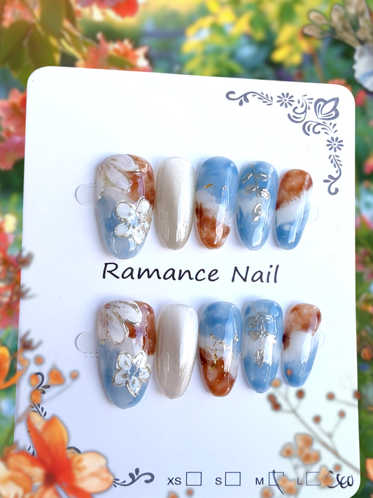 Almond Blue/Brown Floral Nails