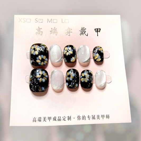 Short Black Floral Nails