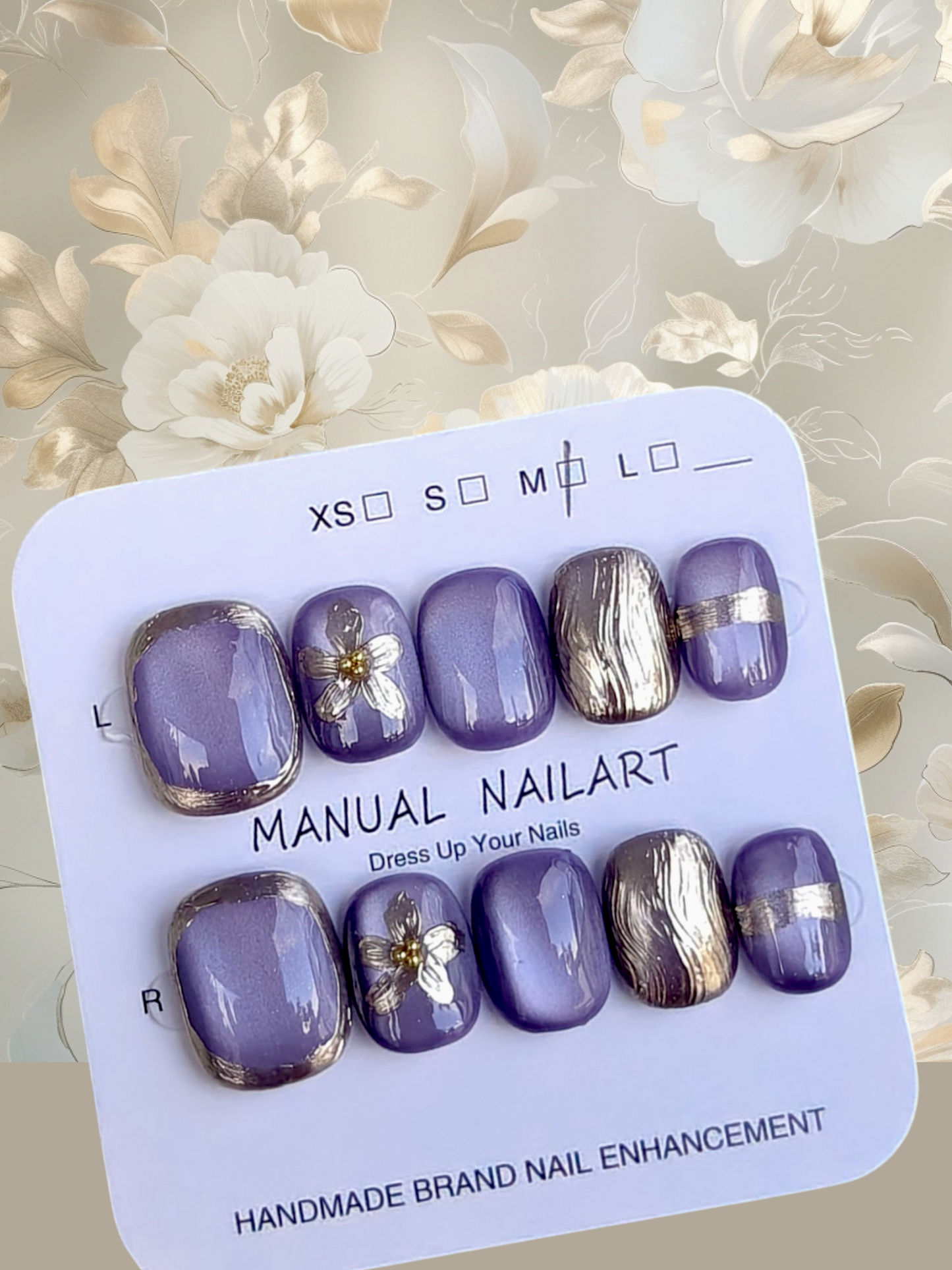 Short Purple/Gold Floral Nails