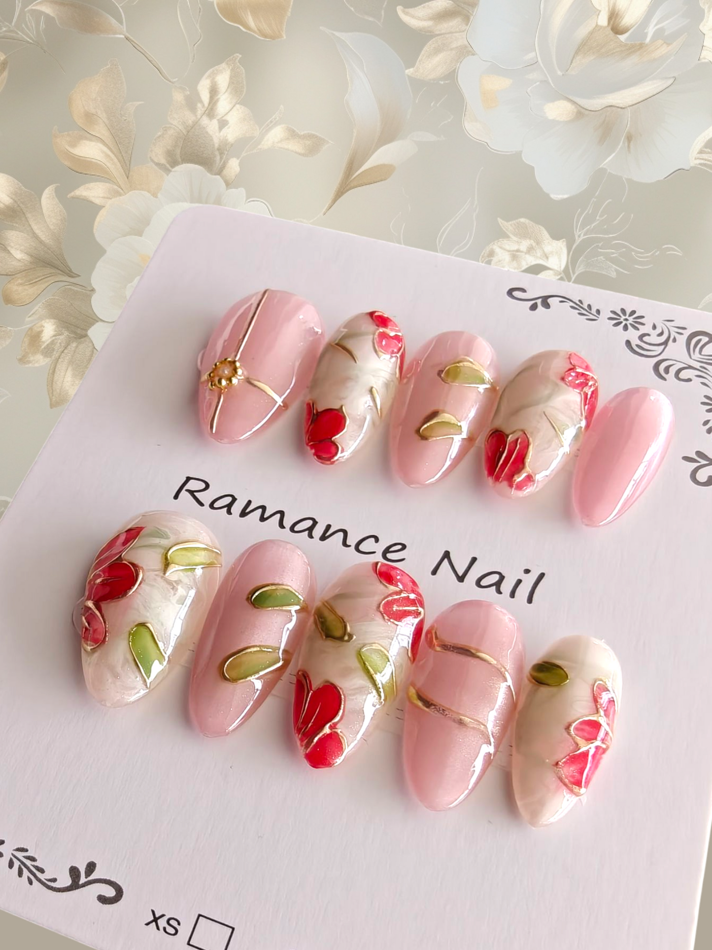 Almond Pink Floral 3D Nails