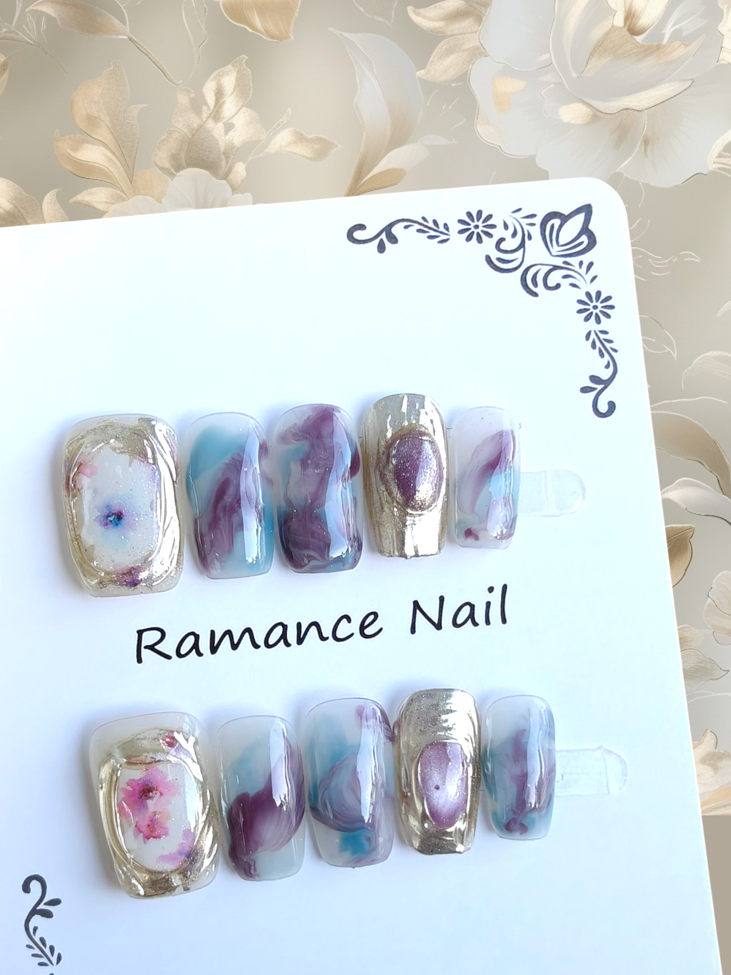 🚨🎉NEW🎉🚨Square Purple/Gold Marble Nails