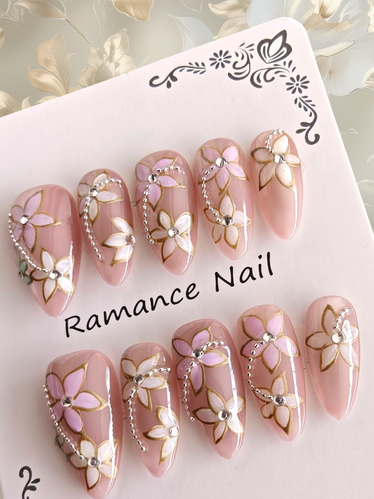 Almond Pink Floral 3D Nails