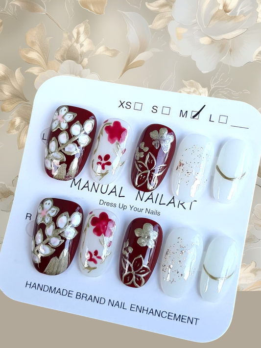 Almond Red/Gold Fancy Nails