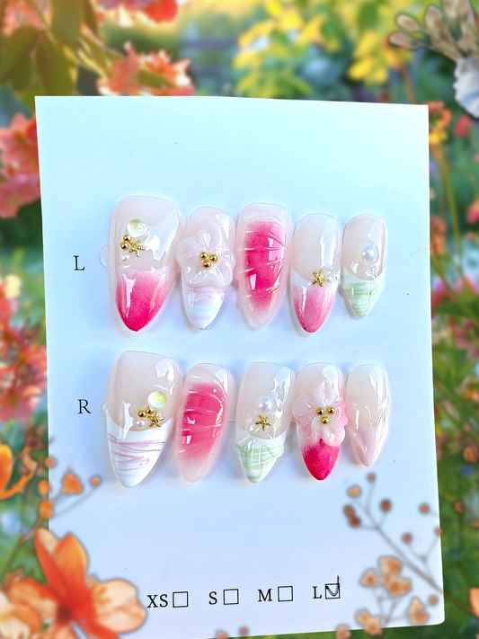 🚨🎉NEW🎉🚨 3D Pink&Green Star/Floral Nails