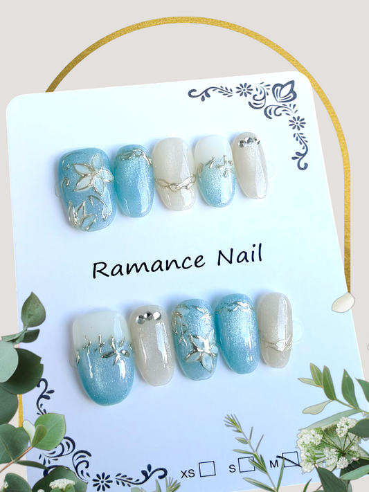 Almond Blue Floral Nails