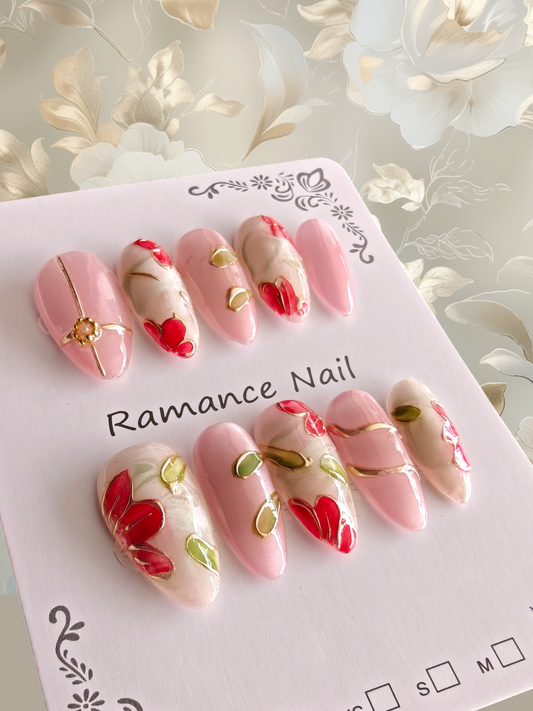 Almond Pink Floral 3D Nails