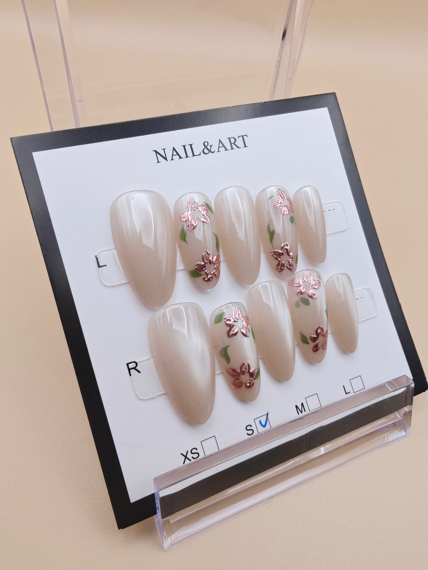 A- Cream Pink Floral Fancy Nails