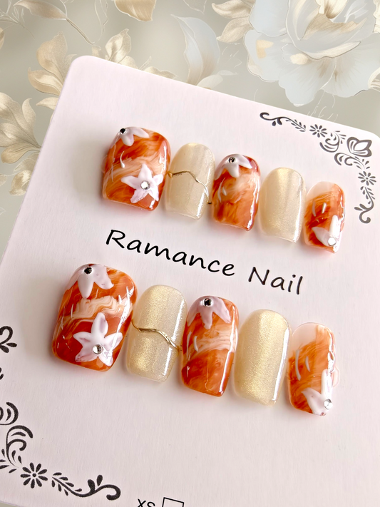 Square Orange Floral Nails