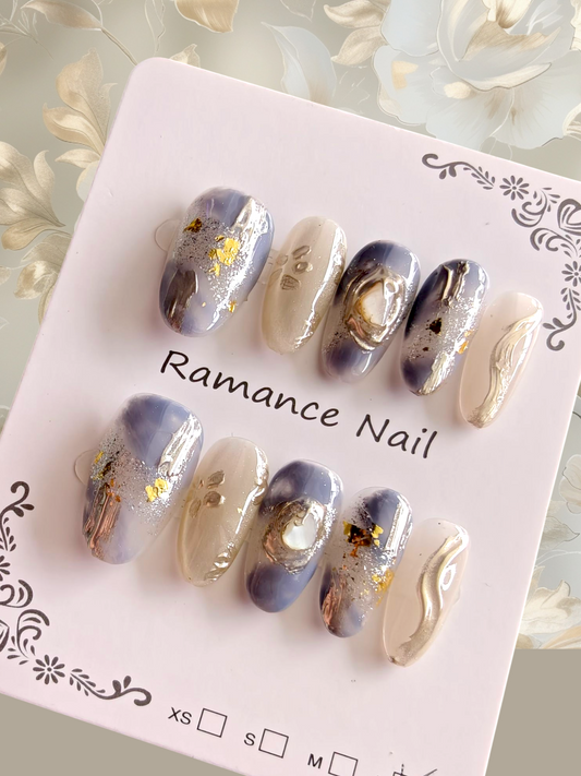 Almond Blue Marble 3D Nails