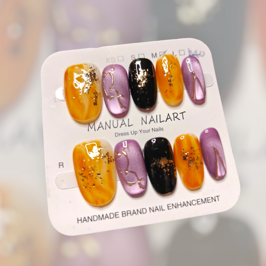 Almond Orange&Purple Nails