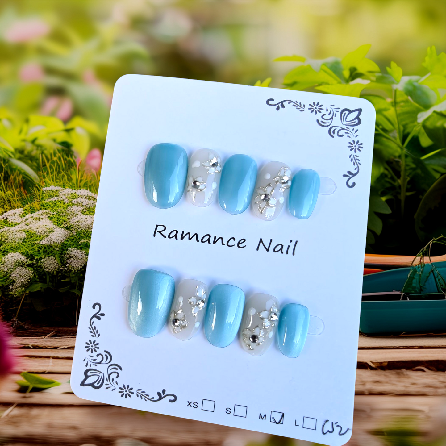 Almond Blue Floral Nails