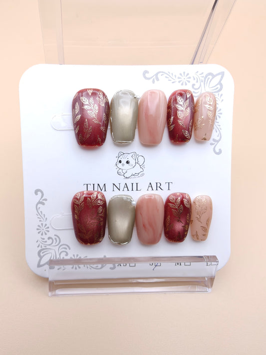 A- burgundy Gold Floral Nails