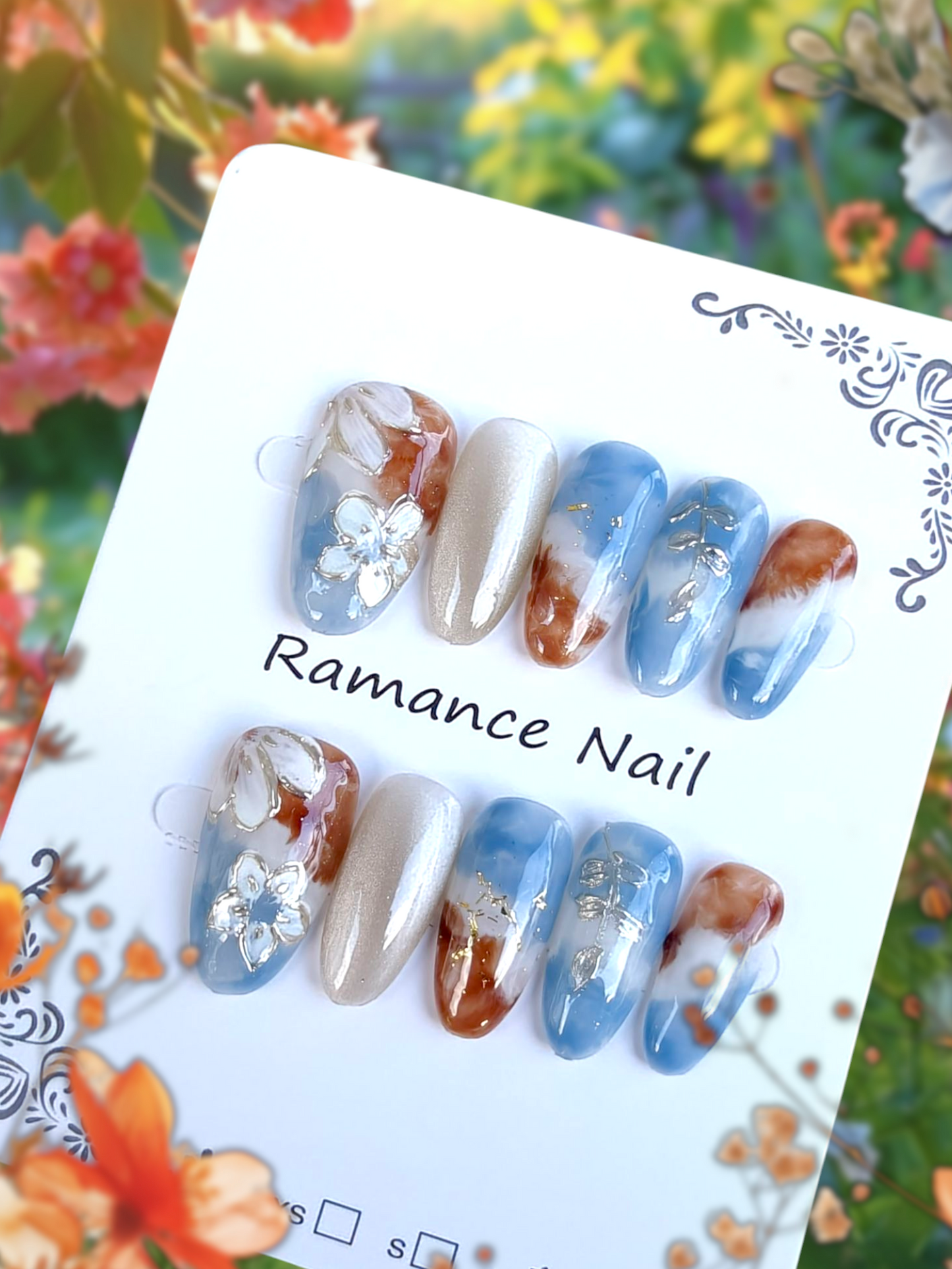 Almond Blue/Brown Floral Nails