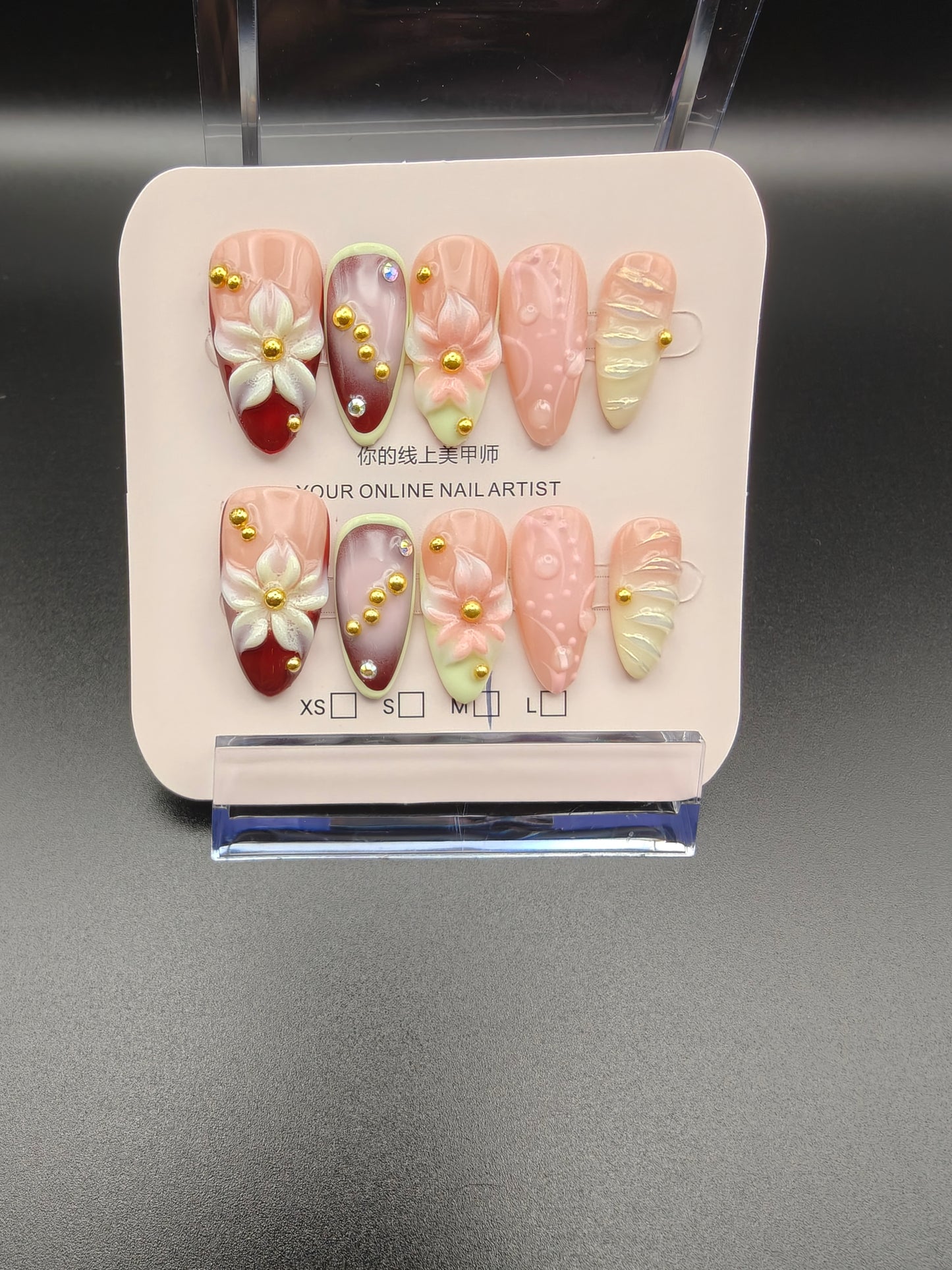 A- Burgundy/Green 3D Fancy Nails