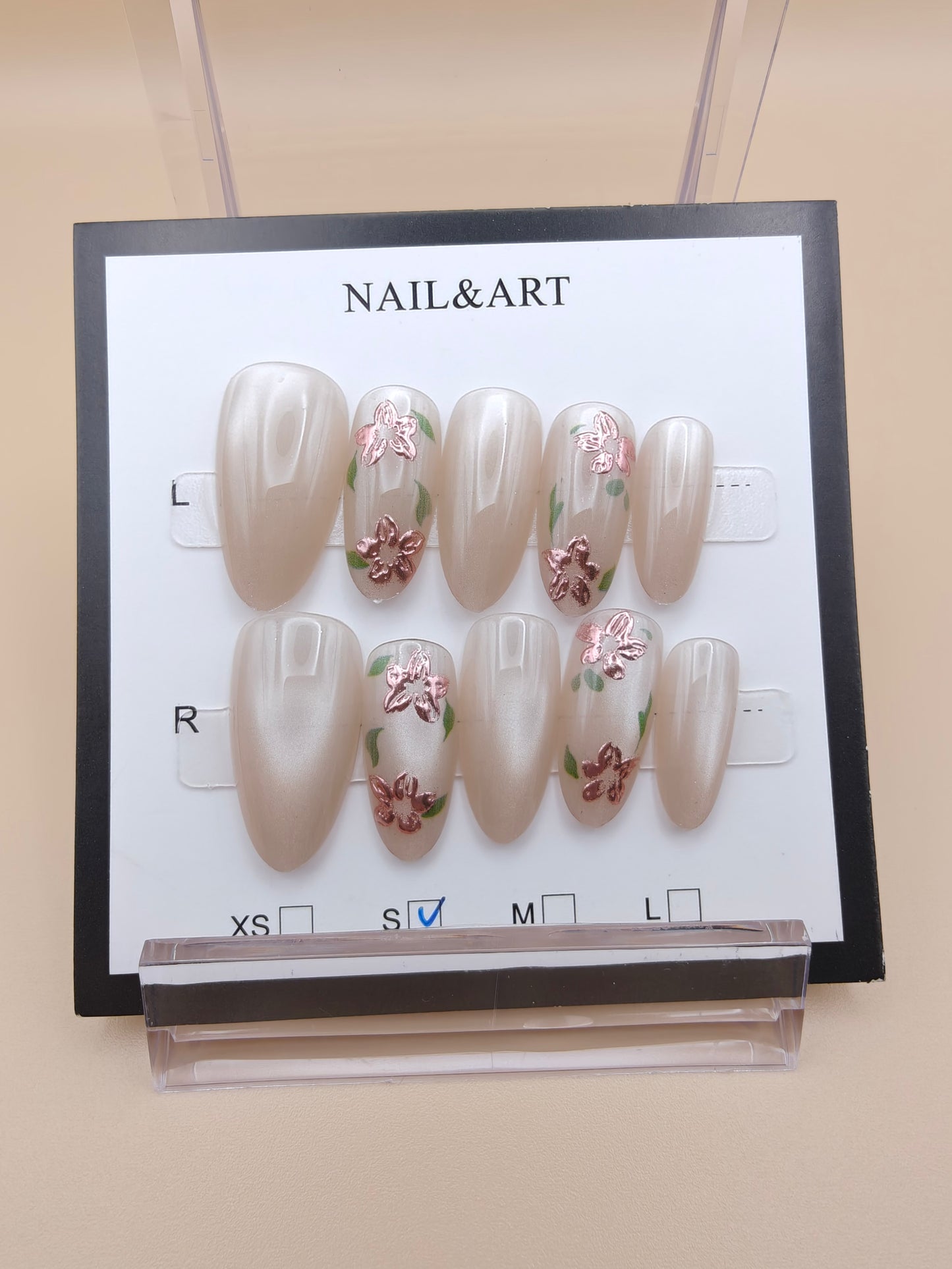A- Cream Pink Floral Fancy Nails