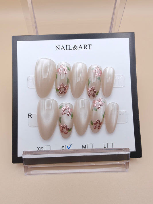 A- Cream Pink Floral Fancy Nails