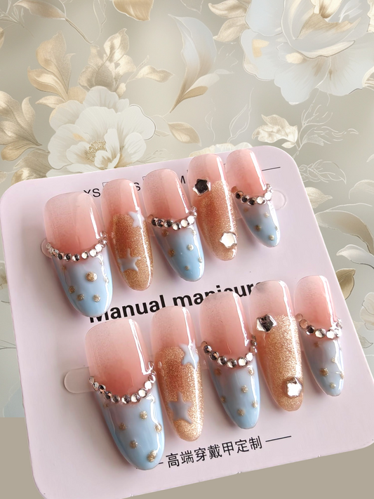 Almond Blue/Gold stars Nails
